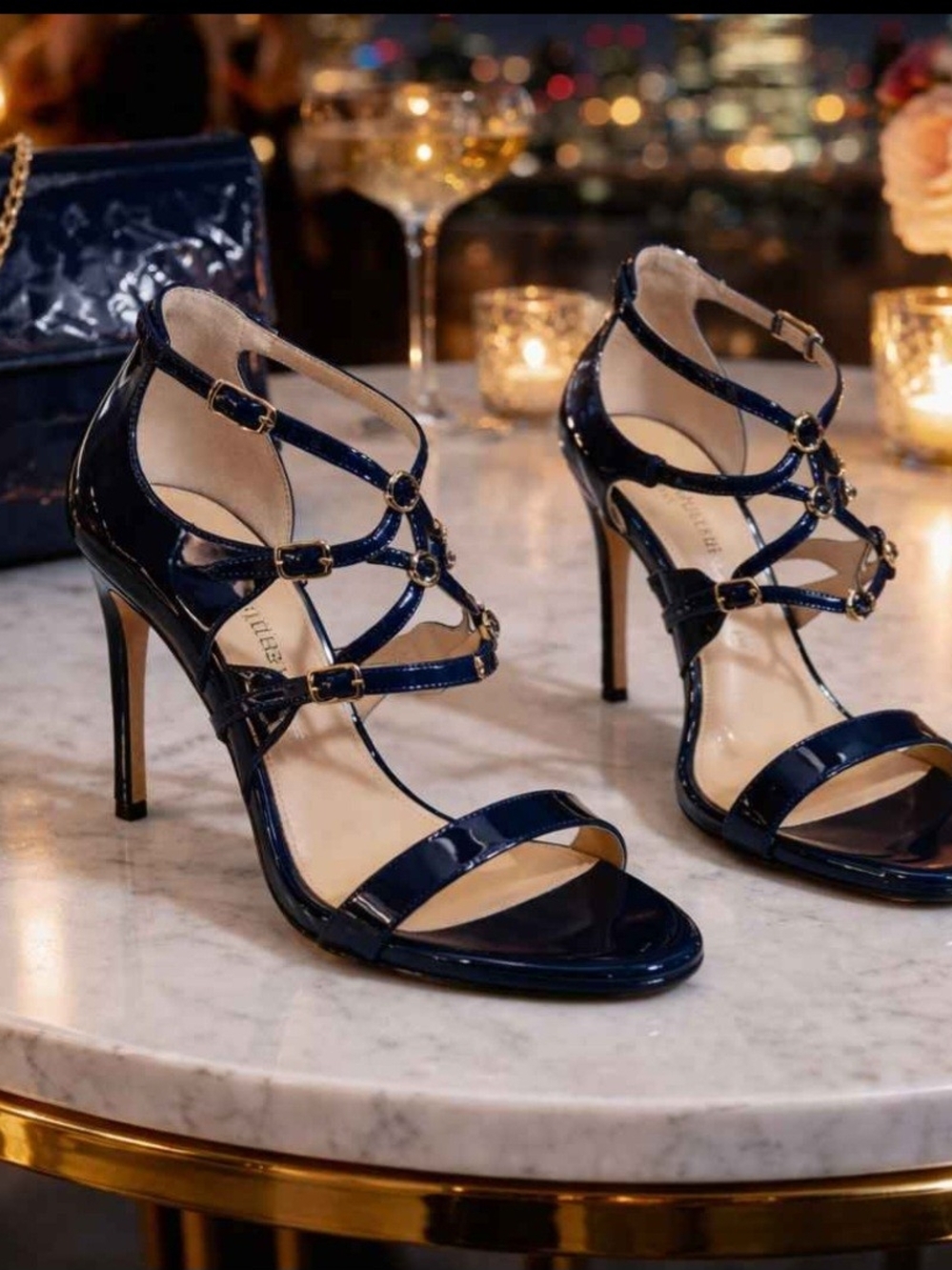 Ramon Tenza Navy Patent Leather Heels & Matching Clutch Set Size 8